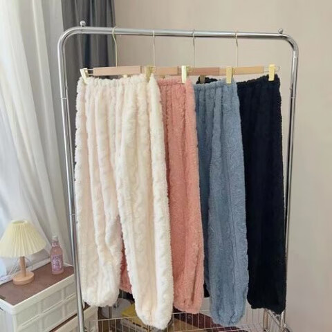 诗莉奥（SHILIAO）法兰绒睡裤女式珊瑚绒加绒加厚保暖提花家居裤秋冬束脚宽松毛绒裤 蜜桃红 均码 【80-140斤】