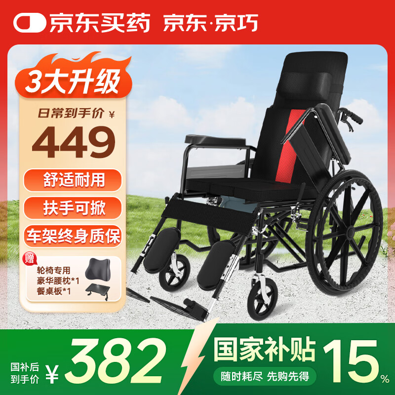 京巧轮椅轻便折叠减震老人专用出行带坐便靠背手动轮椅车SYIV90-MK-06