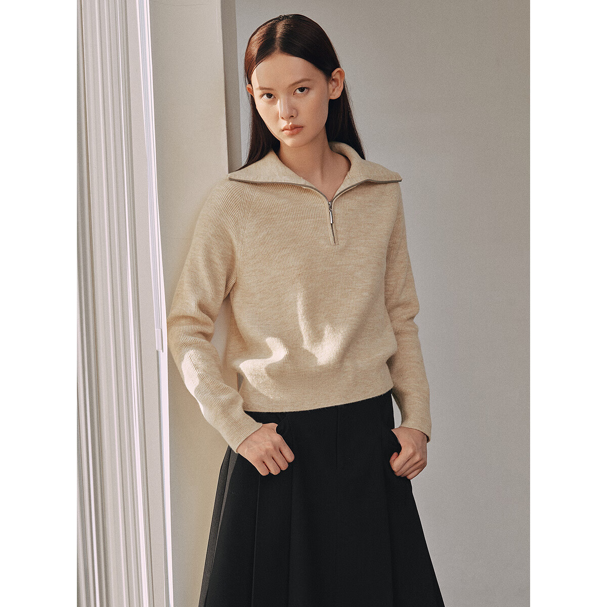 太平鸟秋冬毛针织衫集合链接新款打底无缝套衫女士开衫 米色半门襟翻领线套衫 M