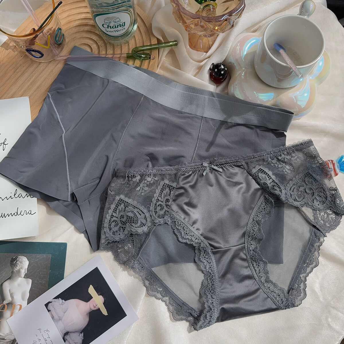 羅亨士情侣内裤冰丝薄款透气透明性感镂空网纱蕾丝无痕一男一女底裤衩 神秘黑诱惑 2条 L 男+女M码