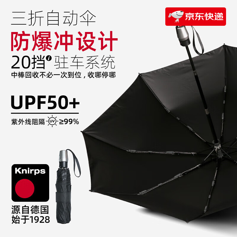 knirps德國全自動(dòng)防爆折傘黑膠涂層太陽(yáng)傘遮陽(yáng)傘T220 幻影黑 98cm