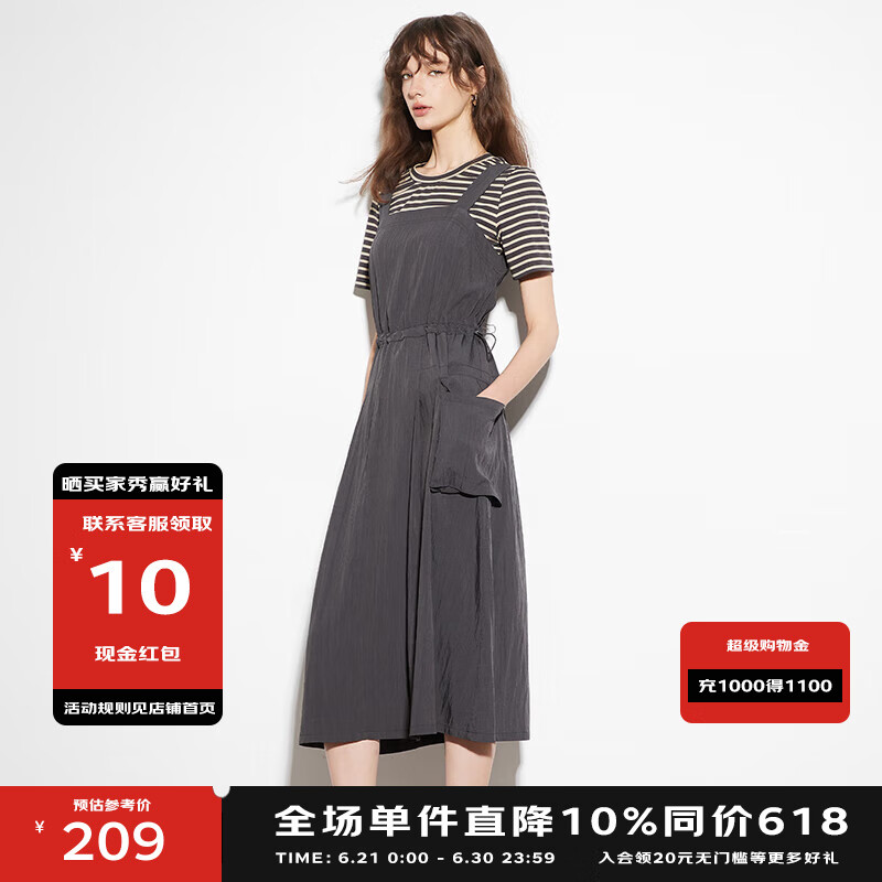 BASIC HOUSE/百家好户外工装风无袖收腰连衣裙女2025夏显瘦背带裙 深灰色 L