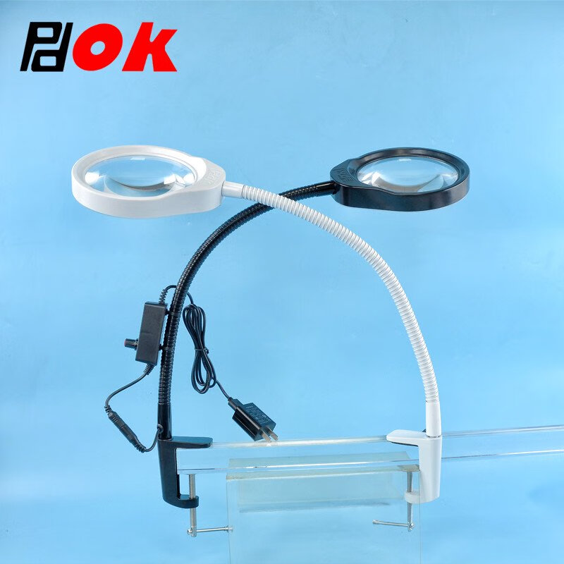PDOK夾式放大鏡帶燈PD-032A放大鏡臺燈10倍20倍老人閱讀手機維修LED燈 白色 10X單鏡片