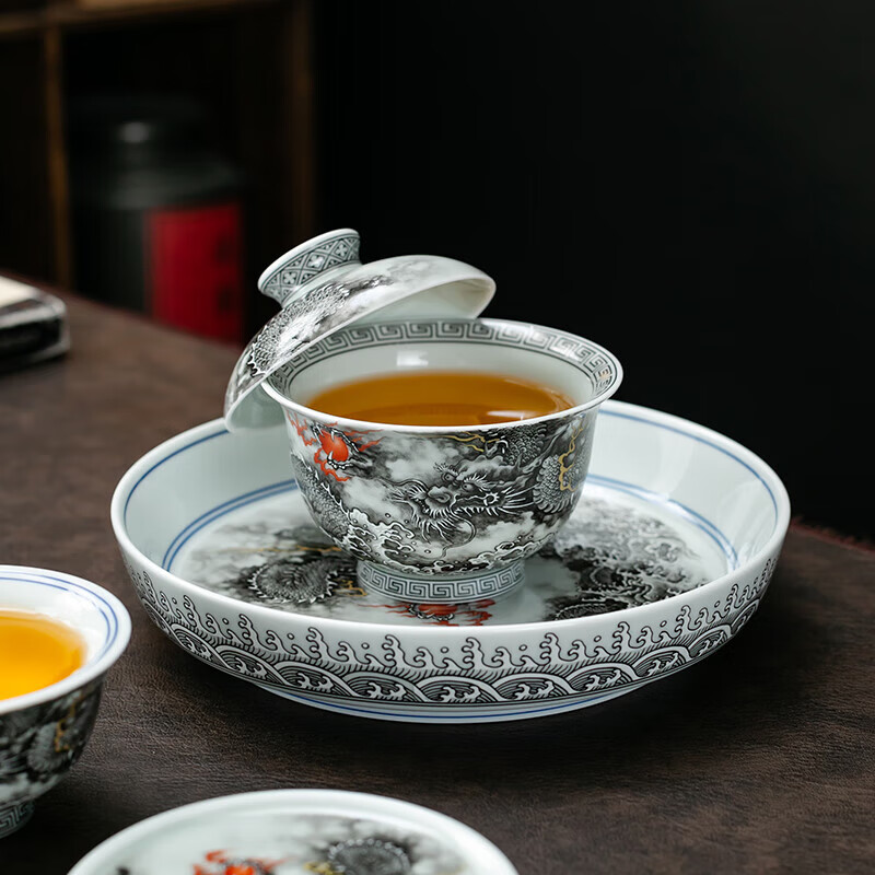 京峰阁 茶具盖碗套装 高档轻奢手工描金家用送礼整套泡茶碗茶杯泡茶器 墨龙悬停盖碗(一盖碗二杯)
