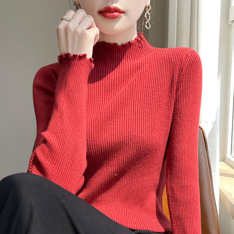 香影芬高级感木耳边针织衫女内搭秋冬打底衫2025新款洋气半高领花边毛衣 米色 L (建议105-115斤)