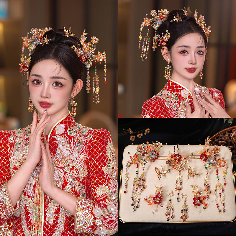 胖东来同款DL 1998秀禾服头饰新中式秀禾2025新款结婚龙凤褂大 新娘结婚头饰+耳夹