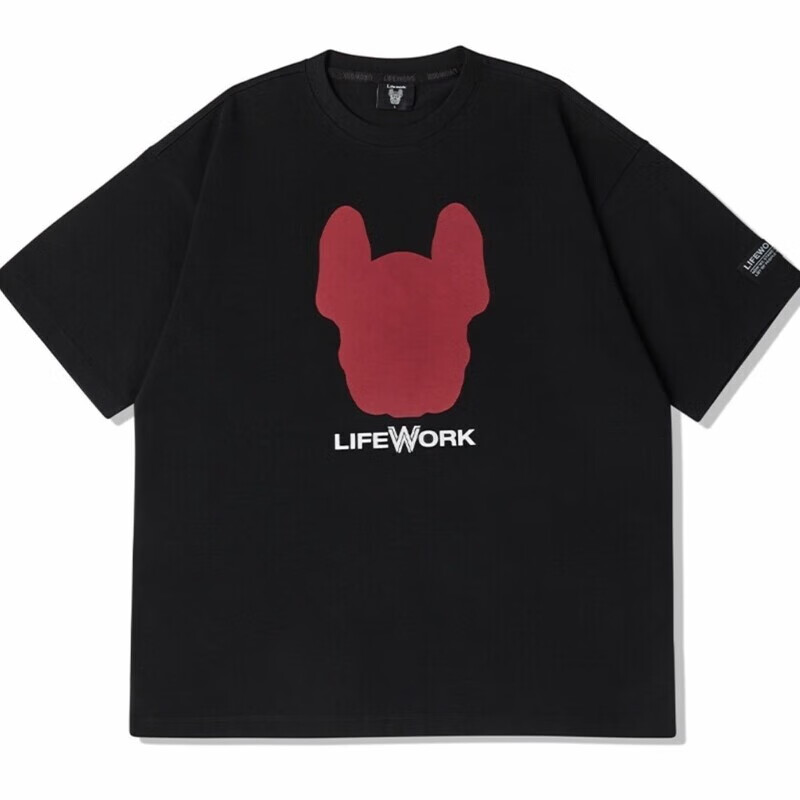 UOSU韩国设计师品牌潮牌lifework镂空印花短袖半袖T恤宽松休闲潮人 黑色 S