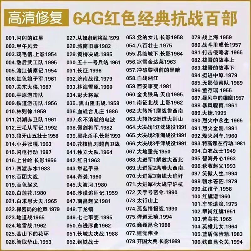 抗战老电影U盘经典怀旧战争红色影片抗日视频大全高清MP4优盘64G 64G抗战高清修复106部