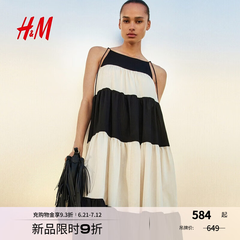 H&M女装a字版型连衣裙2025夏季新款法式无袖层叠绑带连身裙1294592 奶油色/黑色 S 160/88