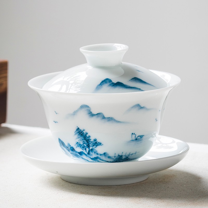 手绘三才盖碗茶杯景德镇白瓷单个青花瓷功夫泡喝敬沏陶瓷茶具中式