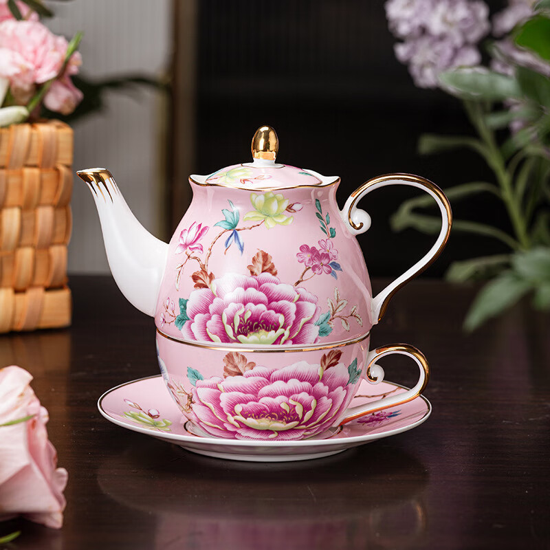 英格麗（INGRI）創(chuàng)意骨瓷花茶杯壺套裝高顏值陶瓷泡茶壺送禮貴人禮物 繁花粉色子母壺(1壺1杯碟)禮盒+