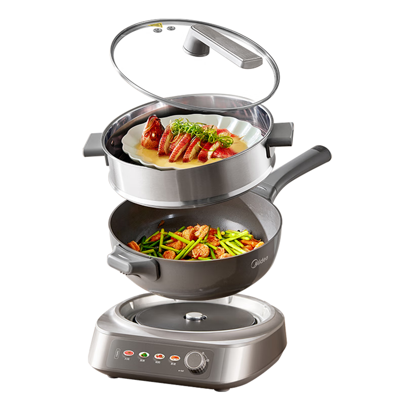 美的（Midea）钛陶电炒锅 电蒸锅 分体式电煮锅不沾多功能一体炒菜专用锅电火锅煎锅 4.3L煎饼锅HCG2818S配蒸笼