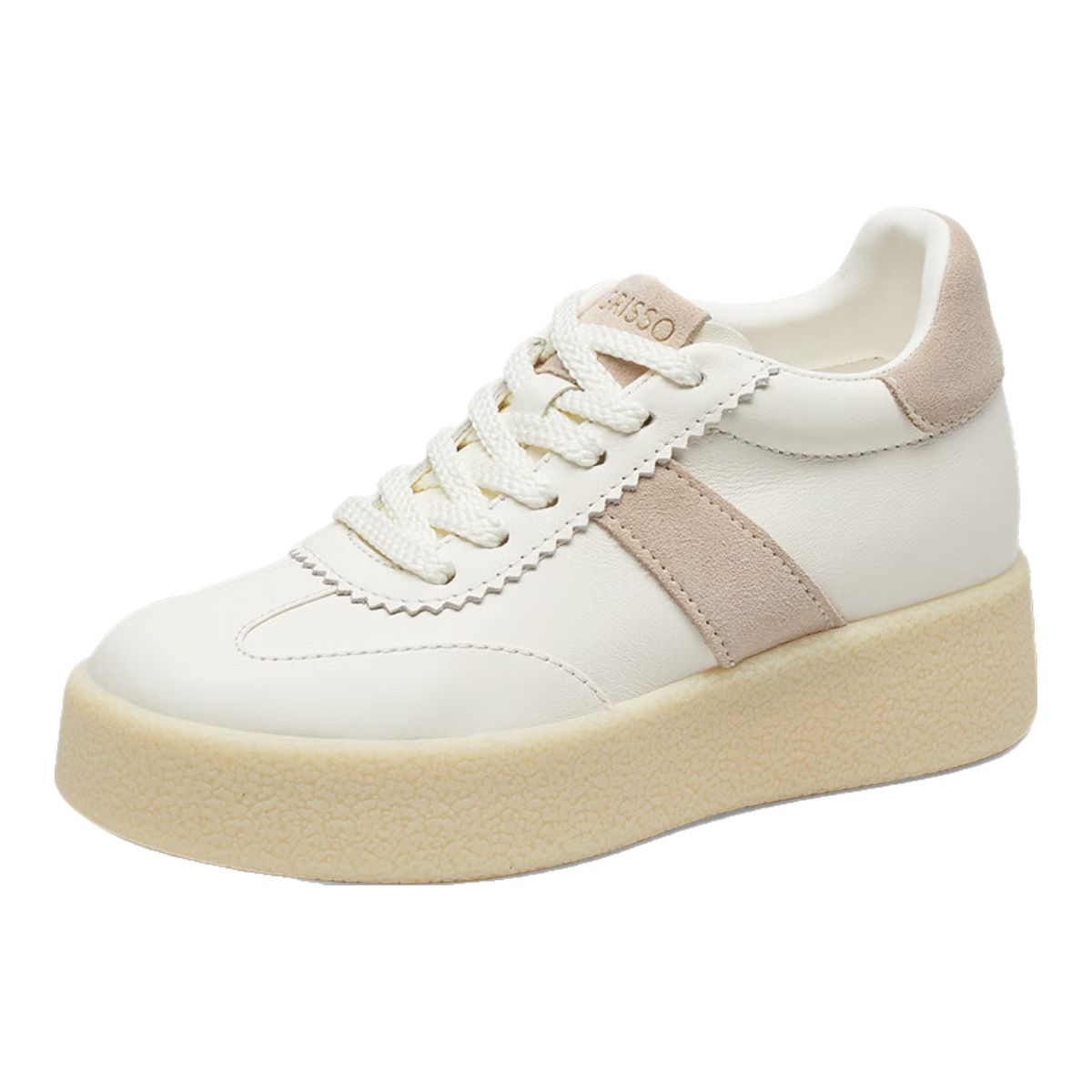 蹀愫2025年秋季新款輕盈內(nèi)增高拼色系帶日常休閑板鞋小白鞋TA65142-50 白色牛皮革/駝杏色牛剖層皮革 38