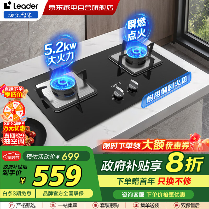 统帅（Leader）海尔燃气灶天然气灶【国补】家用双灶台嵌两用5.2KW瞬燃点火一级能效多重安全保护猛火灶JZT-LQ2GD