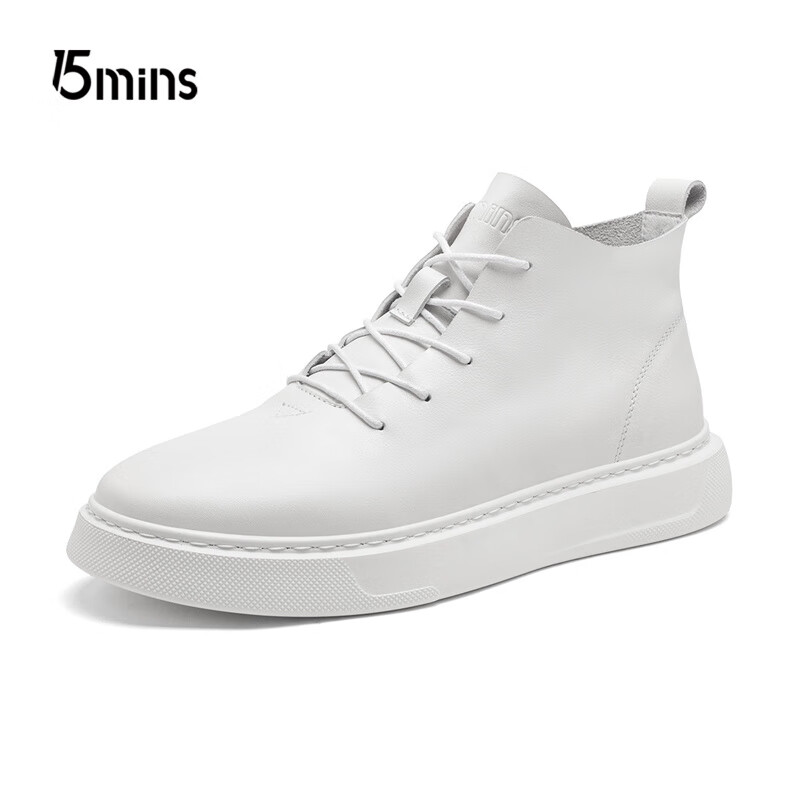 15分钟头层牛皮男士休闲鞋高帮潮流时尚男靴厚底增高男鞋 E2399 白色 39