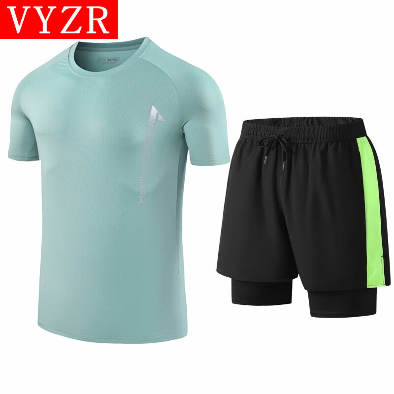 VYZR健身衣服男跑步运动套装新款夏季短袖短裤专用装备速干训练 浅绿色+黑色 M