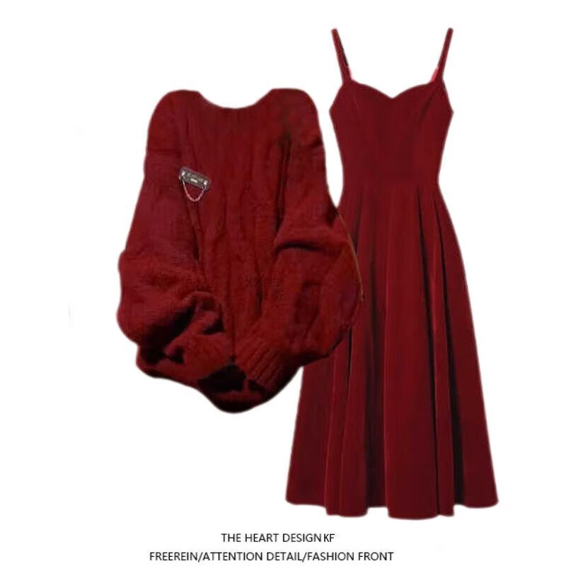 右小姐冬季穿搭一整套女装新款圣诞氛围感针织毛衣显瘦连衣裙通勤两件套 红色针织毛衣+红色吊带连衣裙 M 建议80-100斤