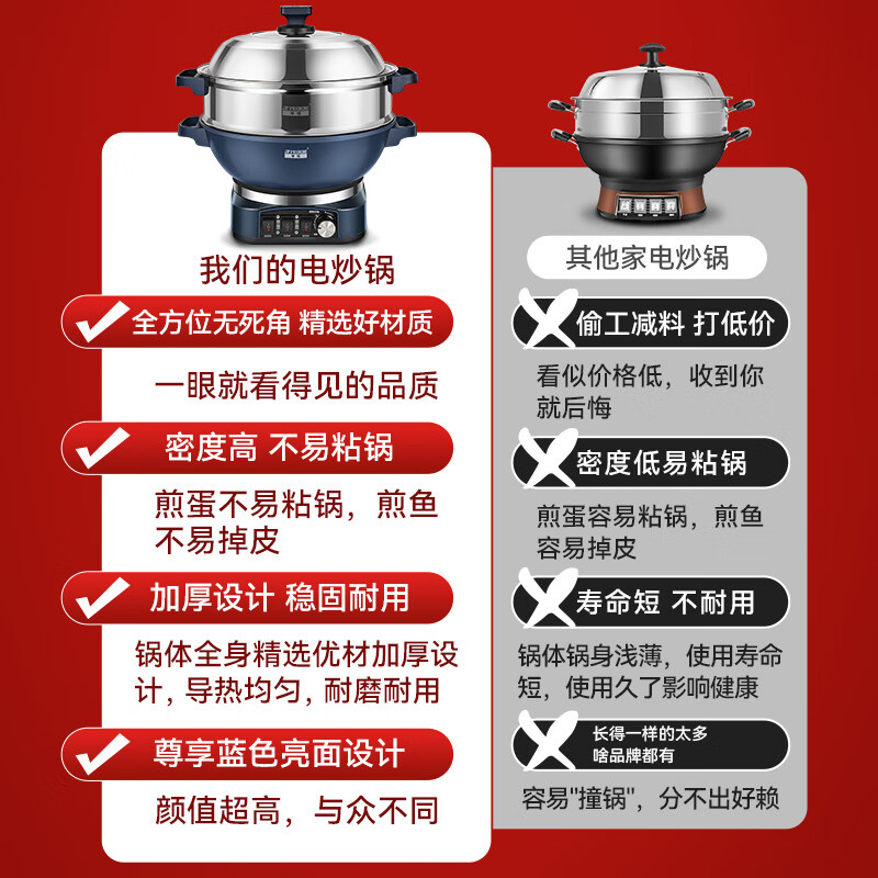 半球（PESKOE）电炒锅多功能锅家用电热锅煮饭蒸炖电煮锅铸铁炒菜锅不粘电炖锅加厚电蒸锅蒸笼大功率电火锅0涂层 5L 【加厚铸铁款】标准款-32CM无蒸笼