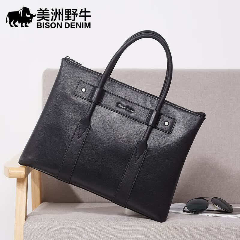 美洲野牛公文包男手提商務(wù)包真皮頭層牛皮橫款電腦包休閑牛皮男包 黑色公文包頭層牛皮_N20311-3B Q