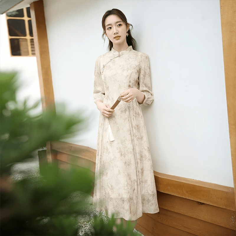 香影（xiangying）新中式超好看印花連衣裙女2025秋裝新款國(guó)風(fēng)盤扣日常改良旗袍 卡其色 S