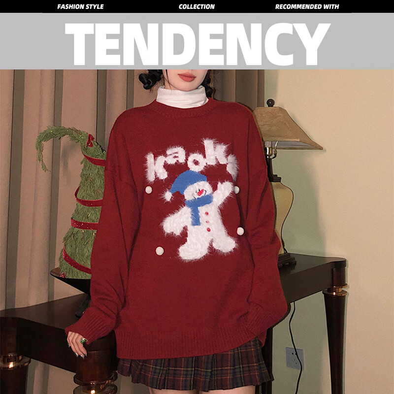 相伊恋人毛衣女25秋冬新款加绒加厚针织衫美式圣诞慵懒风上衣宽松内搭外套 红色【软糯升级亲肤】 均码 【建议80-140斤】