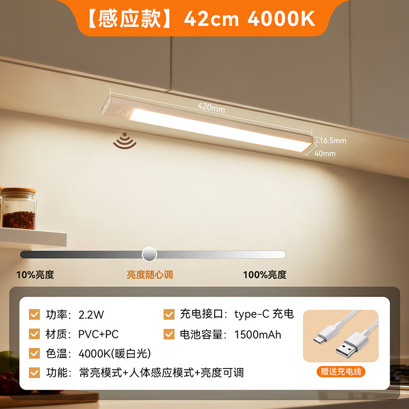 雷士照明LED橱柜灯带充电式人体感应厨房照明衣柜子酒柜磁吸灯条 【基础款】42cm-单色光-1500mAh-充电-光控-常亮