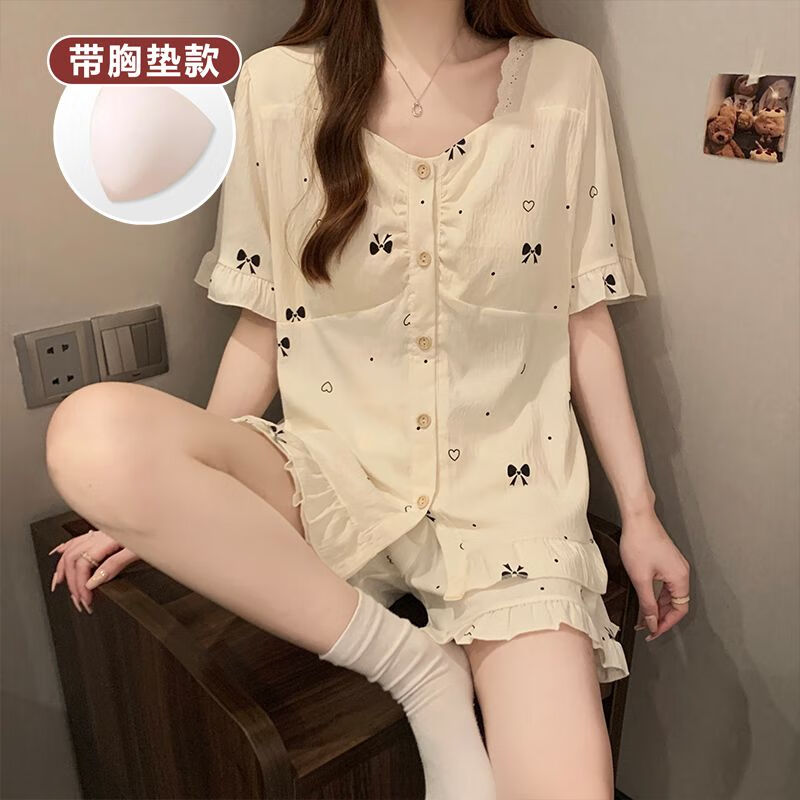 古今（GUJIN）夏季新品云朵棉睡衣女短袖短裤甜美蝴蝶结带胸垫外穿家居服送女友