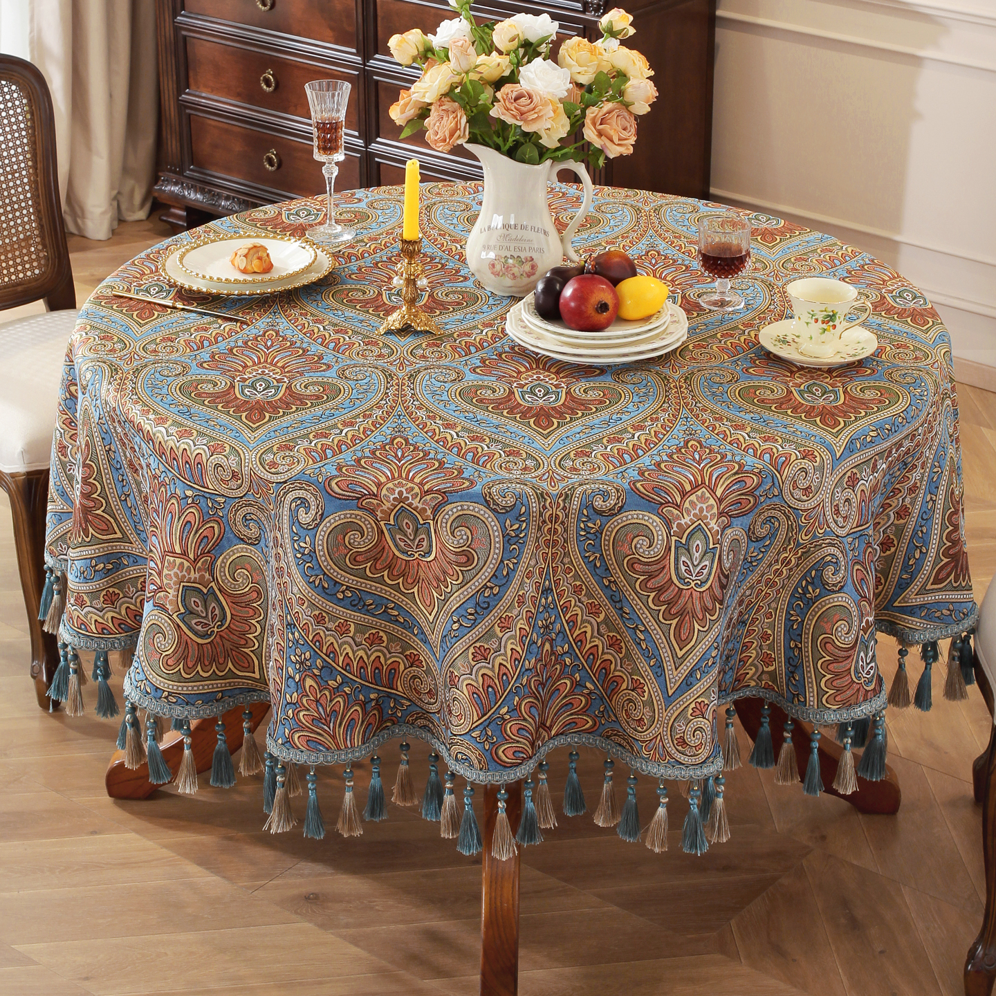 乐唯仕高端大气上档次圆桌桌布轻奢高级感2025新款欧美式复古餐桌布家用 圣帝罗兰-蓝(吊穗款) 200cm直径适合直径140-160cm圆桌 京东折扣/优惠券