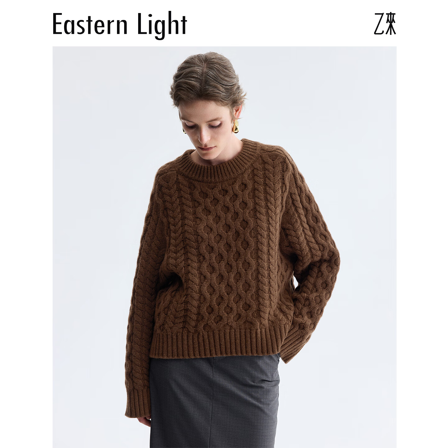 乙来复古圆领绞花毛衣女装2025秋冬新款上衣套头保暖针织衫 可可棕 S