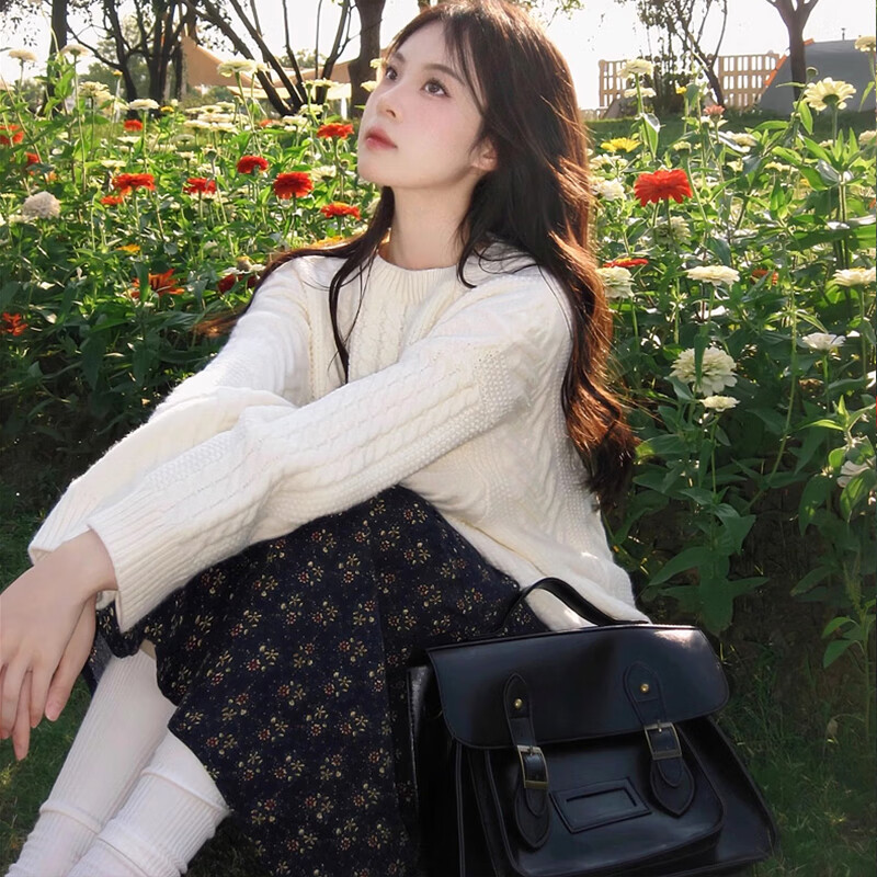 翊尚美毛衣女秋冬新款2025年小个子宽松慵懒风针织衫内搭高级感套头上衣 米白色 【不显臃肿抗起球】 均码 【推荐80-140斤】