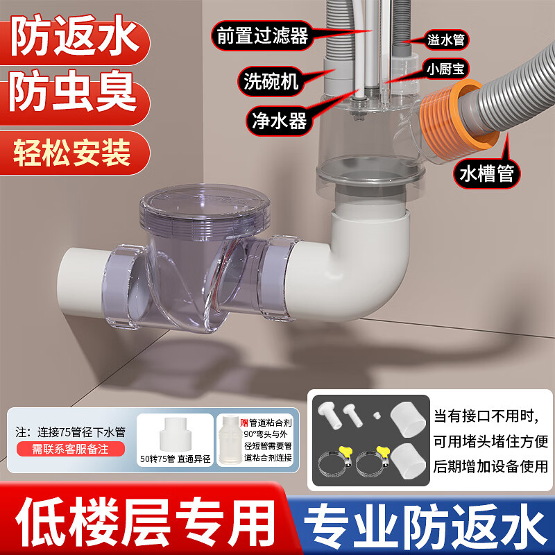 炫敖廚房下水道二樓防反水專用止回閥下水止逆閥防臭排水管防倒灌倒流 【簡(jiǎn)單墻排款】接水槽管+電器排水