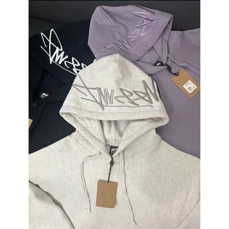 斯图西（stussy）字母帽子刺绣春秋薄款卫衣外套男女美式高街宽松情侣连帽衫 白灰【薄款卫衣/字母刺绣】 3XL  【建议145-155斤】