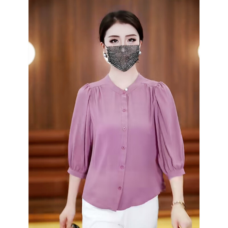 兔嵐喬其紗襯衫女夏季立領(lǐng)色開衫2025X時(shí)尚大碼媽媽裝七分袖防曬衣 紫色 XL (建議90-105斤)