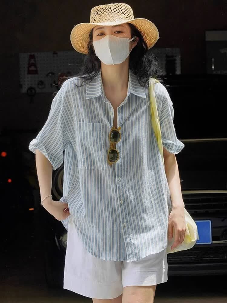 潮梦城短袖衬衫女日系休闲慵懒风半袖条纹棉麻���衫女夏季宽松薄款文艺短 衬衫 S  推荐80-95斤