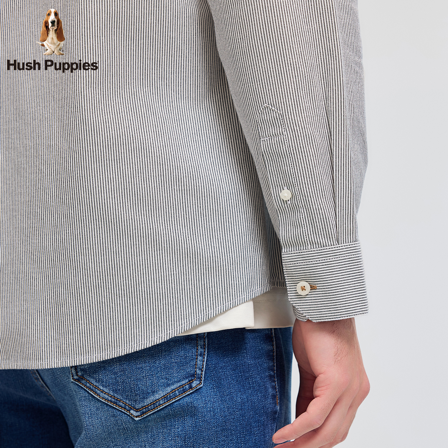 暇步士(Hush Puppies)【经典全棉】男装2025秋季简约基础款全棉细条纹长袖衬衫 墨蓝色 L