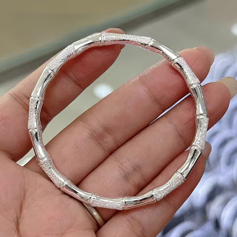 竹节银手镯一光一沙闭口手镯银新中式实心银镯 58圈口约25.5克