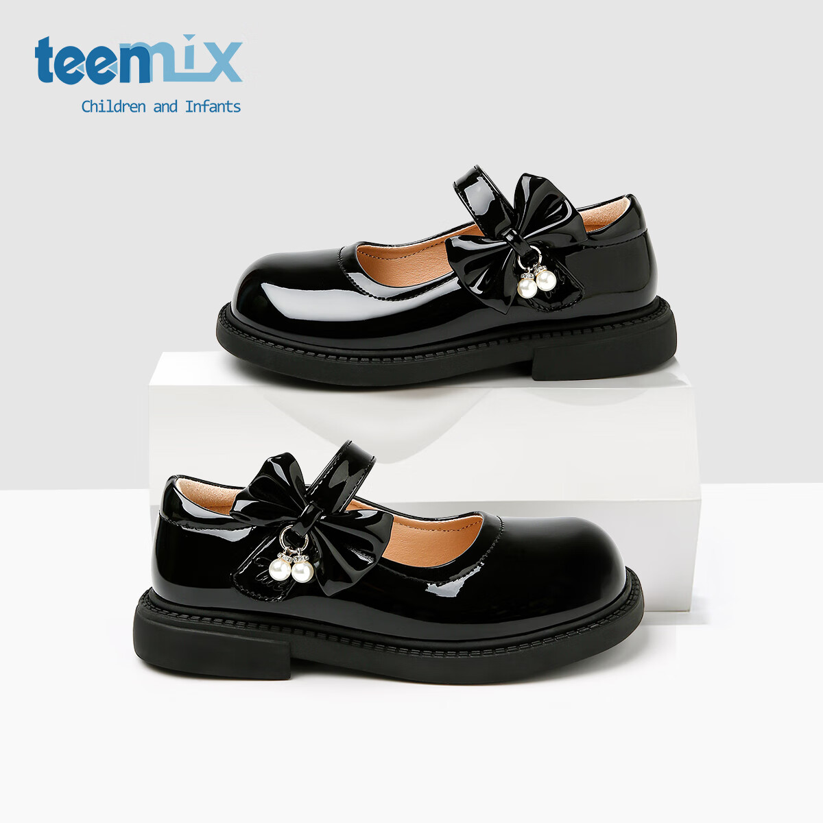 天美意天美意儿童2025秋季新款女童中大童软底女孩时尚百搭蝴蝶结小皮鞋 黑色 35