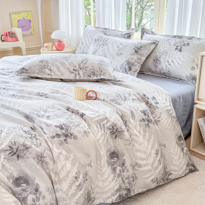 多兰诗（Duolanshi）磨毛四件套 春秋加厚保暖小清新宿舍卡通家用斜纹四件套 晚棠 1.8米 床笠款 被套180*220 四件套