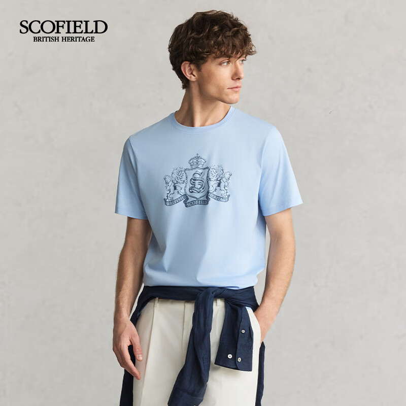Scofield男士24年夏季新款长绒棉印花圆领舒适短袖全棉休闲T恤 浅蓝色 XL (180)