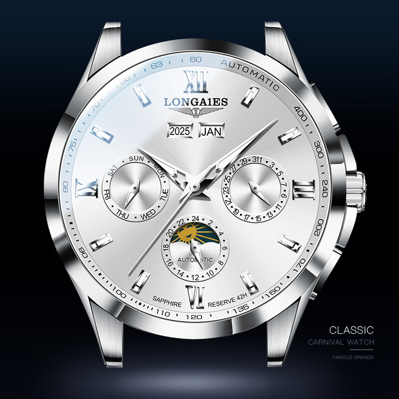 LONGAIES瑞士手表品牌十大名表男款月相陀飞轮手表男士全自动机械表男表 月相款【升级版】本色白面