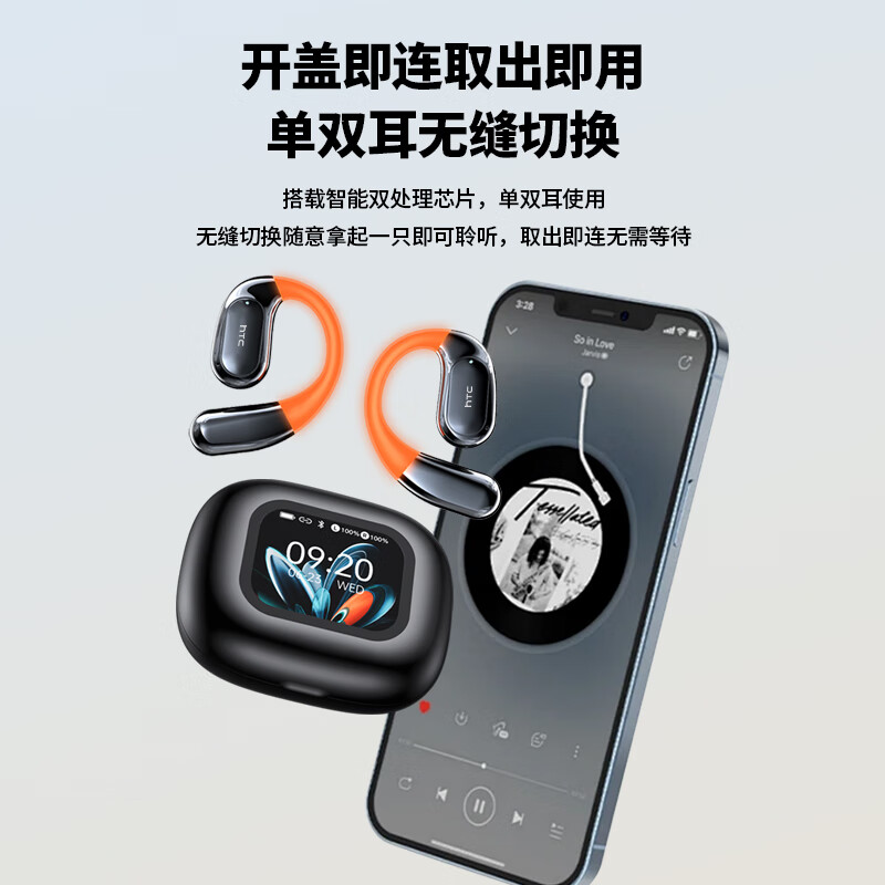 HTC【微软AI模型丨终身免费】专业翻译耳机同声传译AI智能无线蓝牙耳机挂耳式录音降噪会议超长续航 曜石黑【实时翻译+AI屏+全景音】