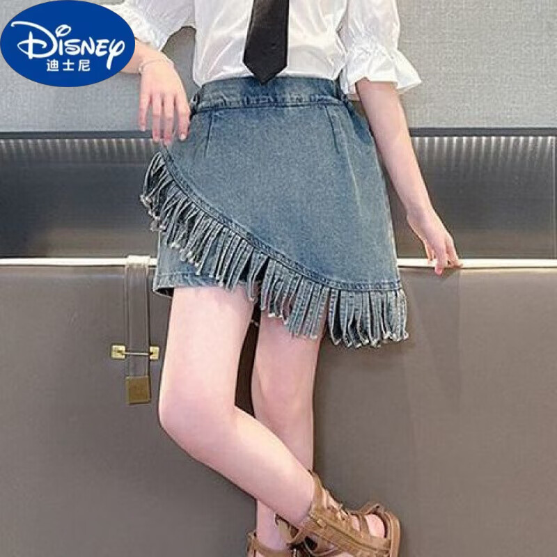 迪士尼（Disney）女孩夏季時尚女童裙褲夏裝2025新款中大童流蘇牛仔裙褲外穿 藍色【牛仔裙】 140