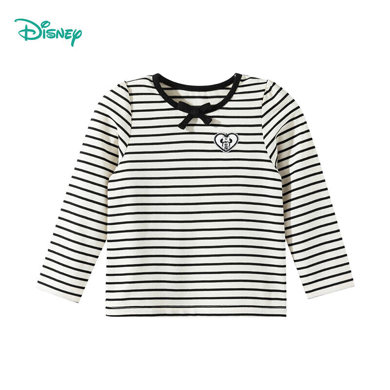 迪士尼宝宝(Disney Baby)秋季新款童装男女儿童米奇卡通透气百搭纯棉亲肤7A级抗菌长袖T恤 ZD3ES025黑白条 130