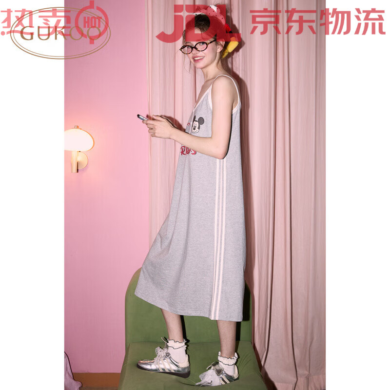果殼（Gukoo）/果殼睡裙夏季新款米奇運動帶胸墊吊帶睡裙B 中麻灰睡裙 S
