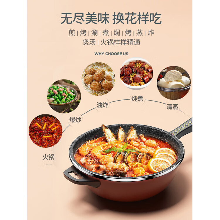 直接插电的炒菜锅电炒锅家用多功能炒菜电锅插电大功率煮锅爆炒一体式不粘电热火锅 34CM墨绿色[3层麦饭石色涂层+可视化立起锅盖] 单锅+蒸笼