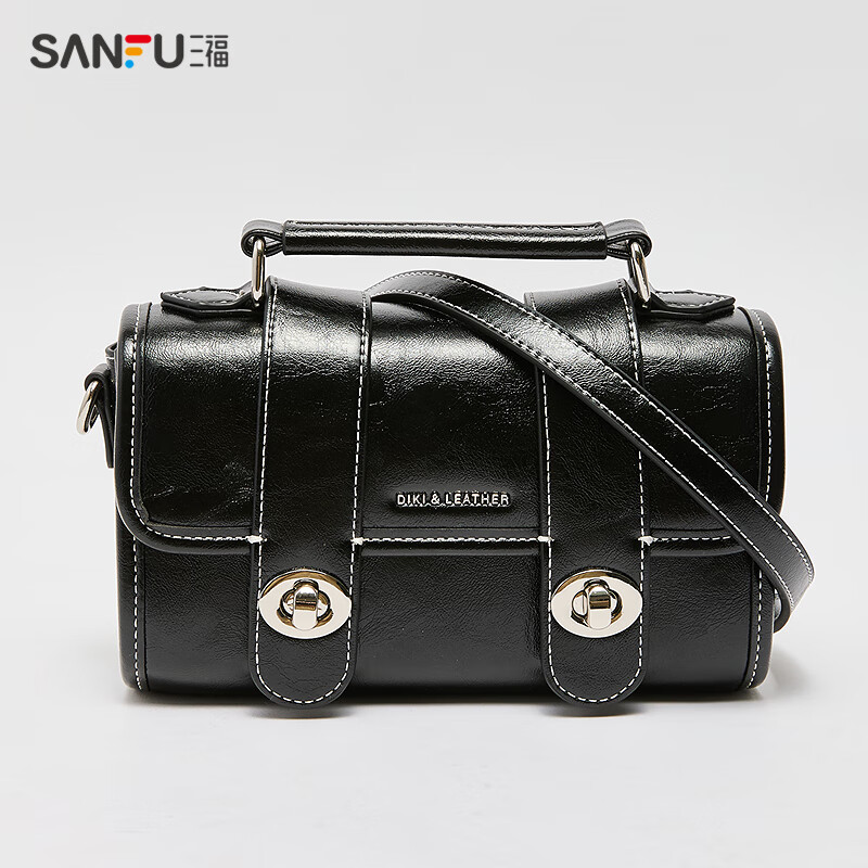 三福三福手提包秋季復古學(xué)院風(fēng)英式劍橋包雙鎖扣斜挎包女包 黑色