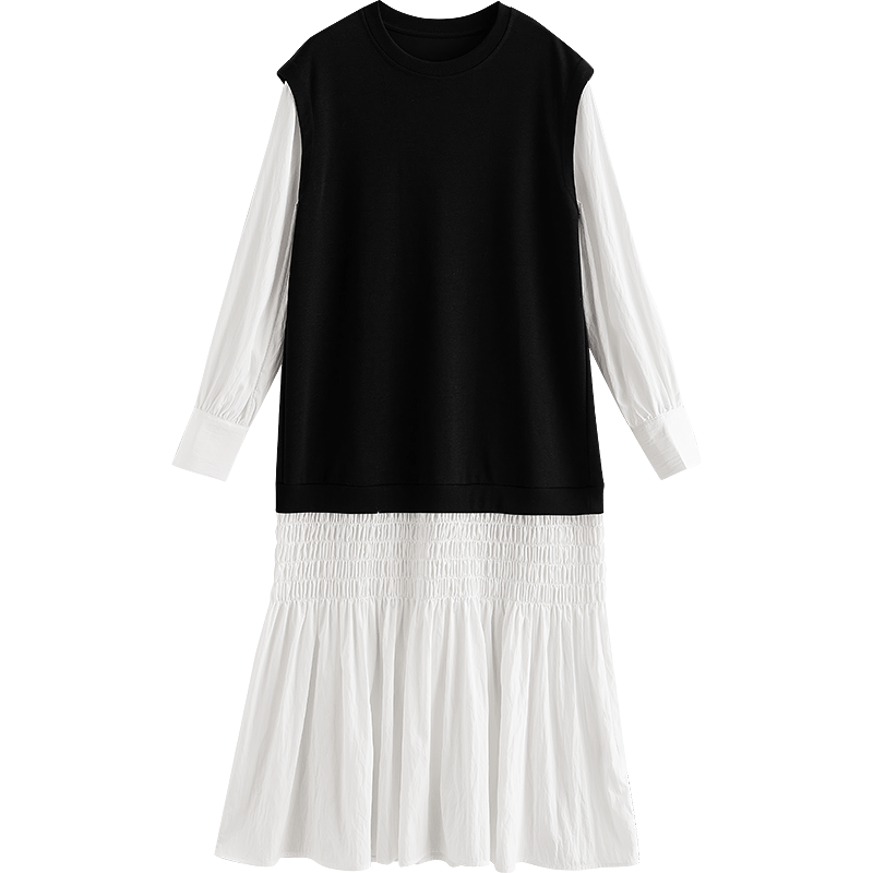 初语黑白拼接假两件连衣裙女2026春季新款气质显瘦打揽中长裙 黑白拼接 M