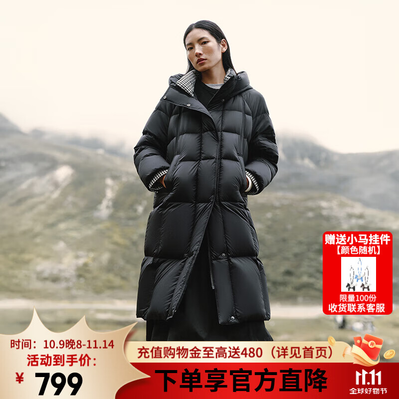 艾莱依羽绒服女士2025冬季新款千鸟格拼接泡芙羽绒服插肩袖设计显瘦外套 月夜黑 S 【建议80-110斤】155