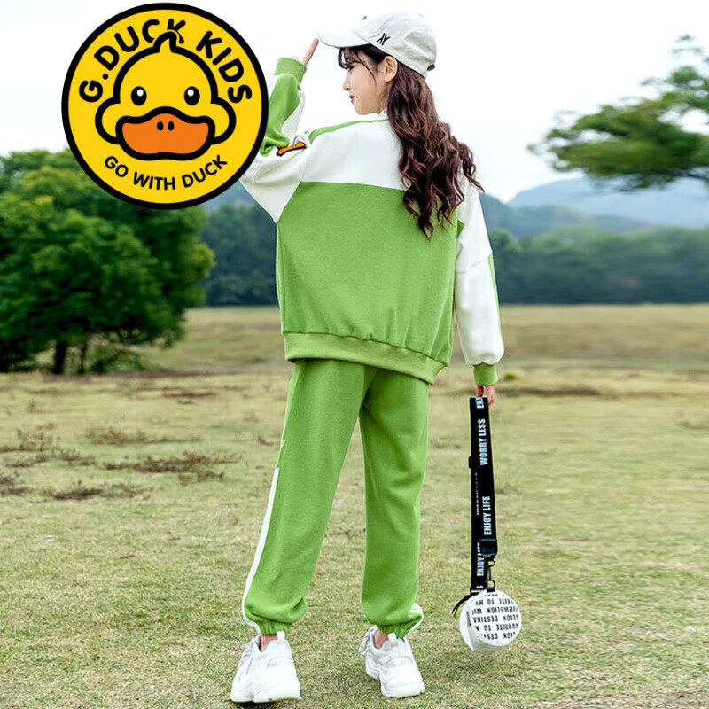 G.DUCKKIDS品牌童装3-14岁女童秋装套装春秋款8儿童外套裤子6女孩洋气两件套 BQ1389 绿色 150