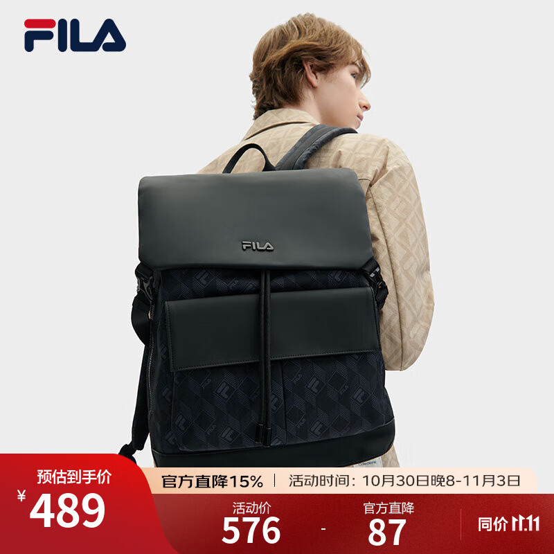 FILA【黑武士】斐乐双肩包男子书包防泼水老花背包轻便大容量电脑包 正黑色-BK XS
